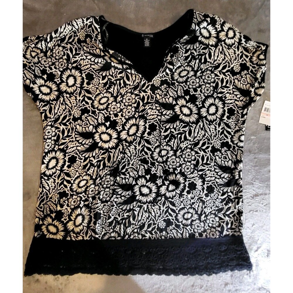 ND New Directions Blouse Size 2X Black / White Bohemian Crochet Trim  Pullover